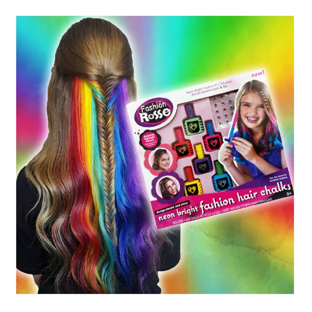 Neon hajszínező kréta készlet, bármilyen típusú hajra – 6 féle színválaszték – 25 db hajmatrica (BBJ)