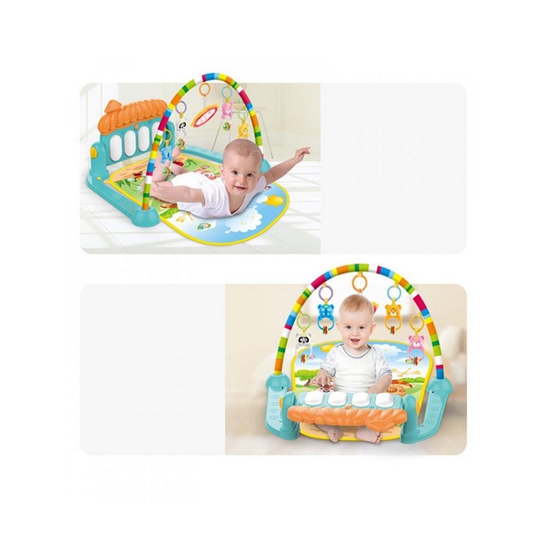 Piano Fitness baba játszószőnyeg – állatos csörgőkkel, hang-, és fényhatásokkal, altatózenével – kék (BBJ) (7)