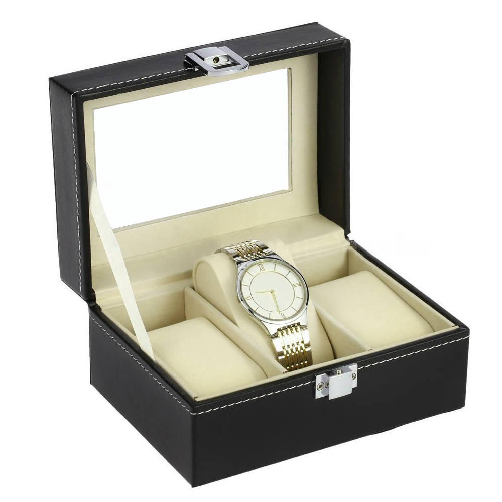 Zárható, elegáns óra-, és ékszertartó doboz átlátszó fedéllel – 3 rekesszel, fekete (BB-8513) (1)