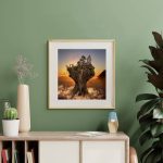 Mockup photo frame green wall mounted on the wooden cabinet with