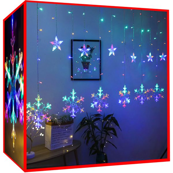 138 LED-es fényfüggöny csillagokkal és hópelyhekkel, kül-, és beltérre egyaránt – 2,5 x 1 m, színes (BB-11323) (2)