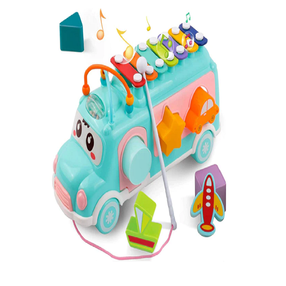 3 az 1-ben interaktív, zenélő kisbusz gyerekeknek – xilofonnal, színes gyöngyökkel, különféle formájú kockákkal (BBJ) (5)
