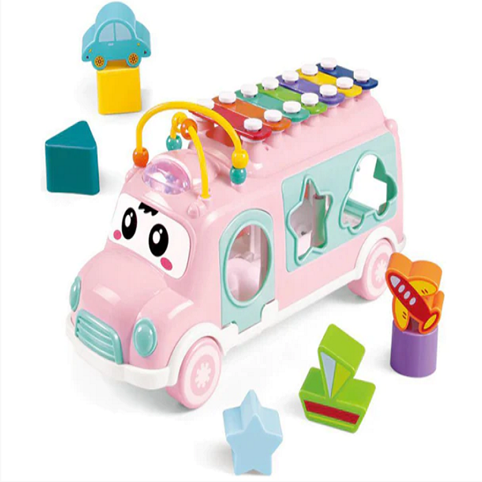 3 az 1-ben interaktív, zenélő kisbusz gyerekeknek – xilofonnal, színes gyöngyökkel, különféle formájú kockákkal (BBJ) (8)