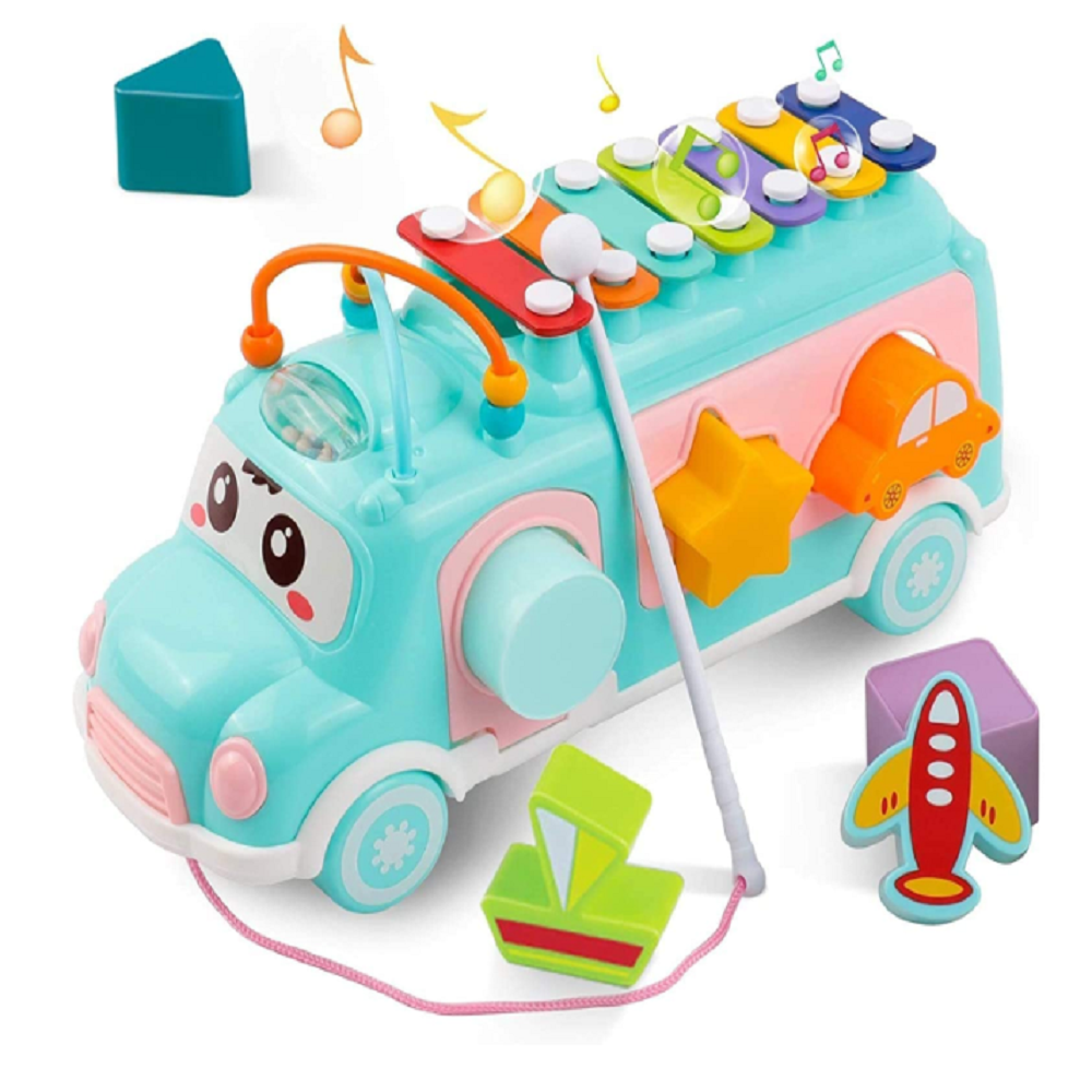 3 az 1-ben interaktív, zenélő kisbusz gyerekeknek – xilofonnal, színes gyöngyökkel, különféle formájú kockákkal (BBJ)