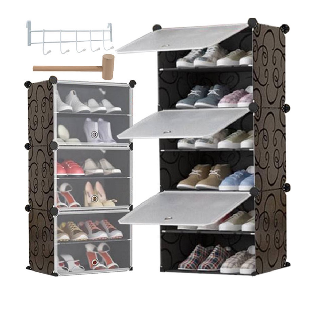 Kombinálható 5 szintes cipőtároló-, és rendszerező – polcokkal, akasztóval, ajtóval – barna szín (BB-12264) (15)