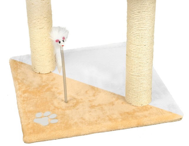Bézs színű macska mászóka kaparófával, fekvőhellyel, kuckóval, játék egérrel és labdával – 110 cm, bézs-fehér (BB-2953) (8)