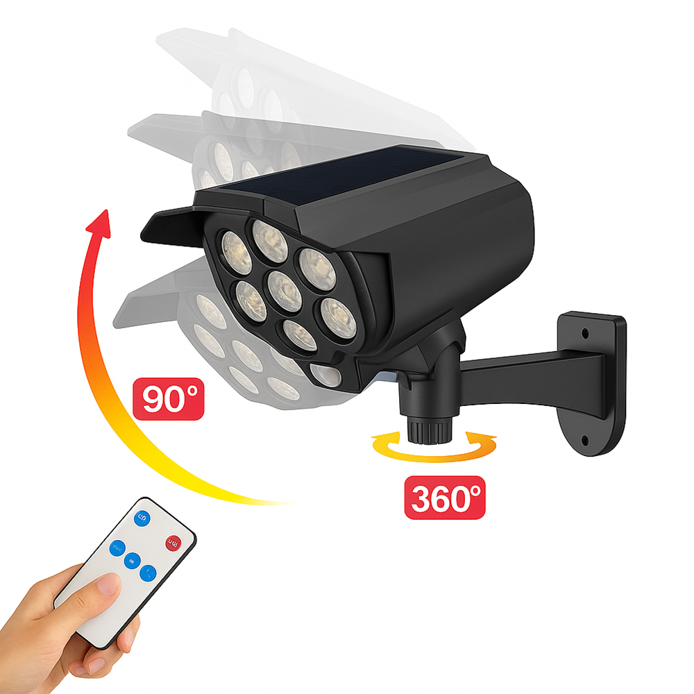 Mozgásérzékelős_napelemes_LED_lámpa_álkamerás_CCTV_hatással_kültéri_biztonsági_világítás_távirányítóval_BK_361