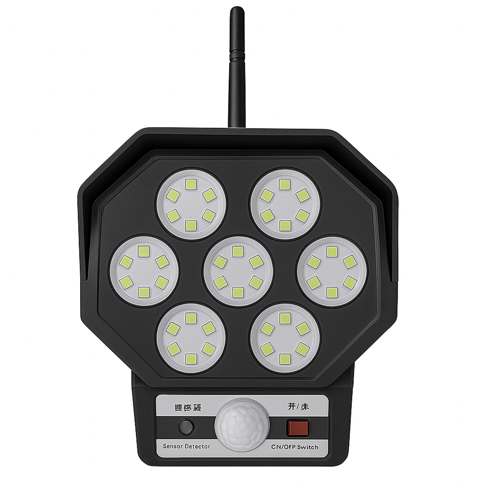 Mozgásérzékelős_napelemes_LED_lámpa_álkamerás_CCTV_hatással_kültéri_biztonsági_világítás_távirányítóval_BK_367