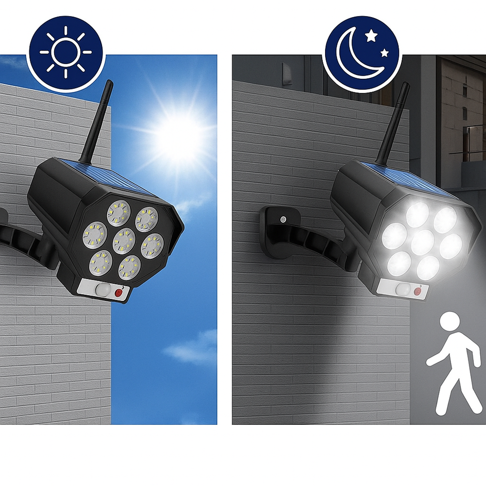Mozgásérzékelős_napelemes_LED_lámpa_álkamerás_CCTV_hatással_kültéri_biztonsági_világítás_távirányítóval_BK_368