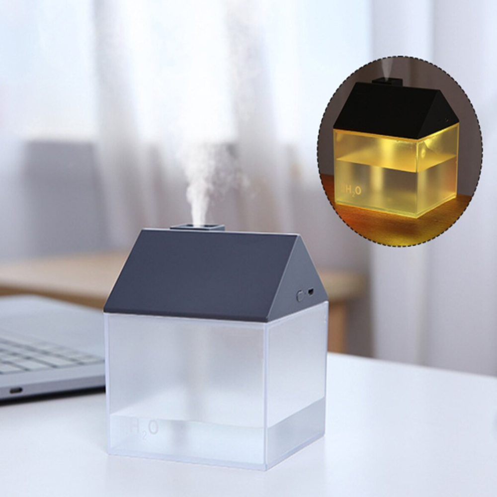 Házikó alakú ultrahangos párologtató diffúzor – LED világítással, halk működésű párásító otthonra és irodába 250 ml – fekete (BLLV)6