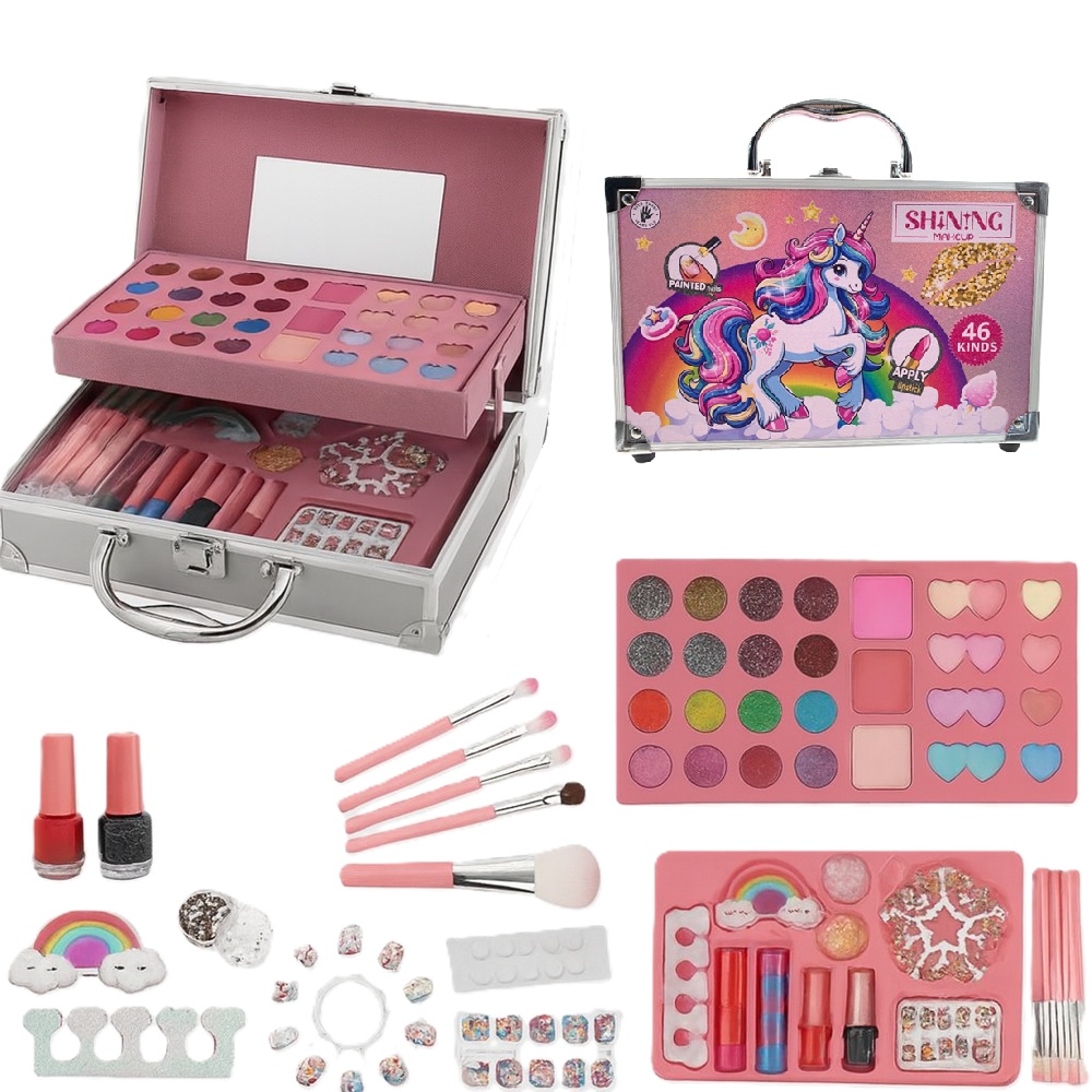 Unikornisos gyerek sminkkészlet – 46 részes ragyogó kozmetikai szett fém tárolódobozban, kreatív játék és ajándék kislányoknak (BBJ)7