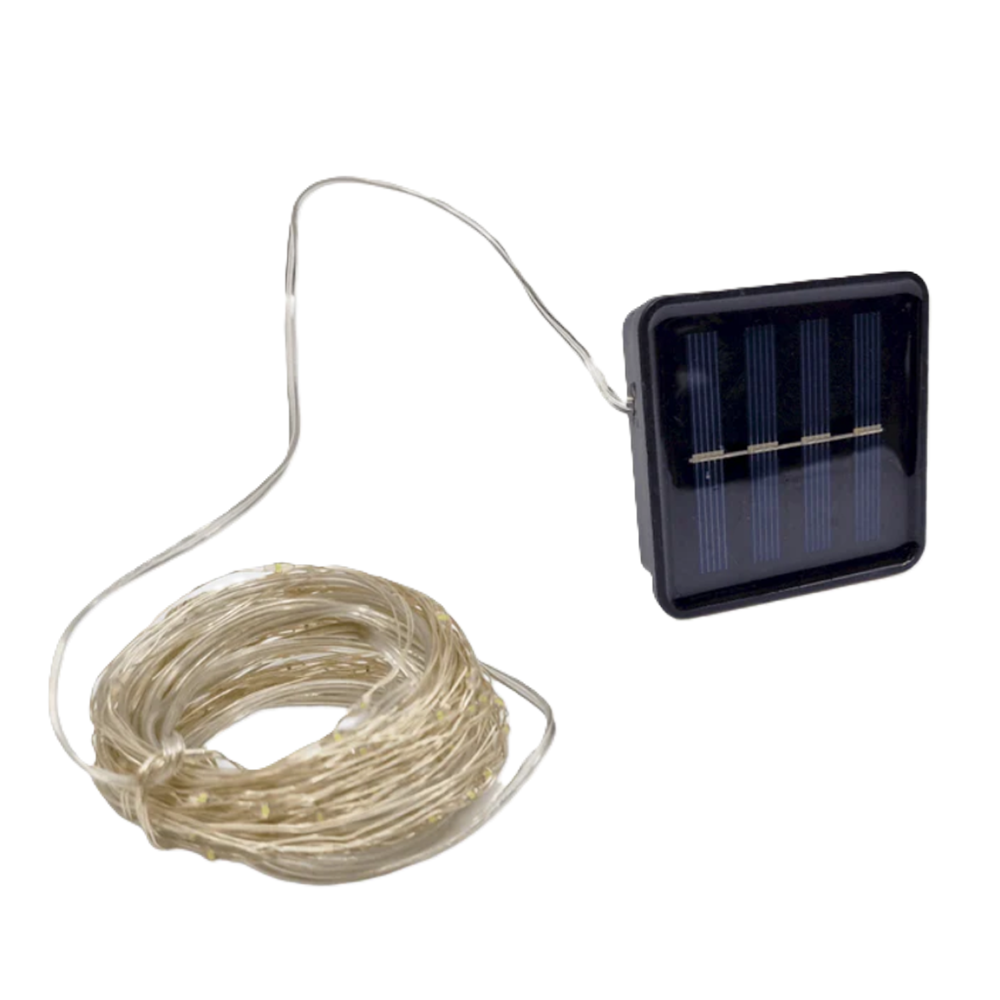 10 Méteres napelemes LED fényfüzér 100 hidegfehér leddel – kültéri dekorációs világítás kertbe, teraszra és erkélyre (BBV) 1