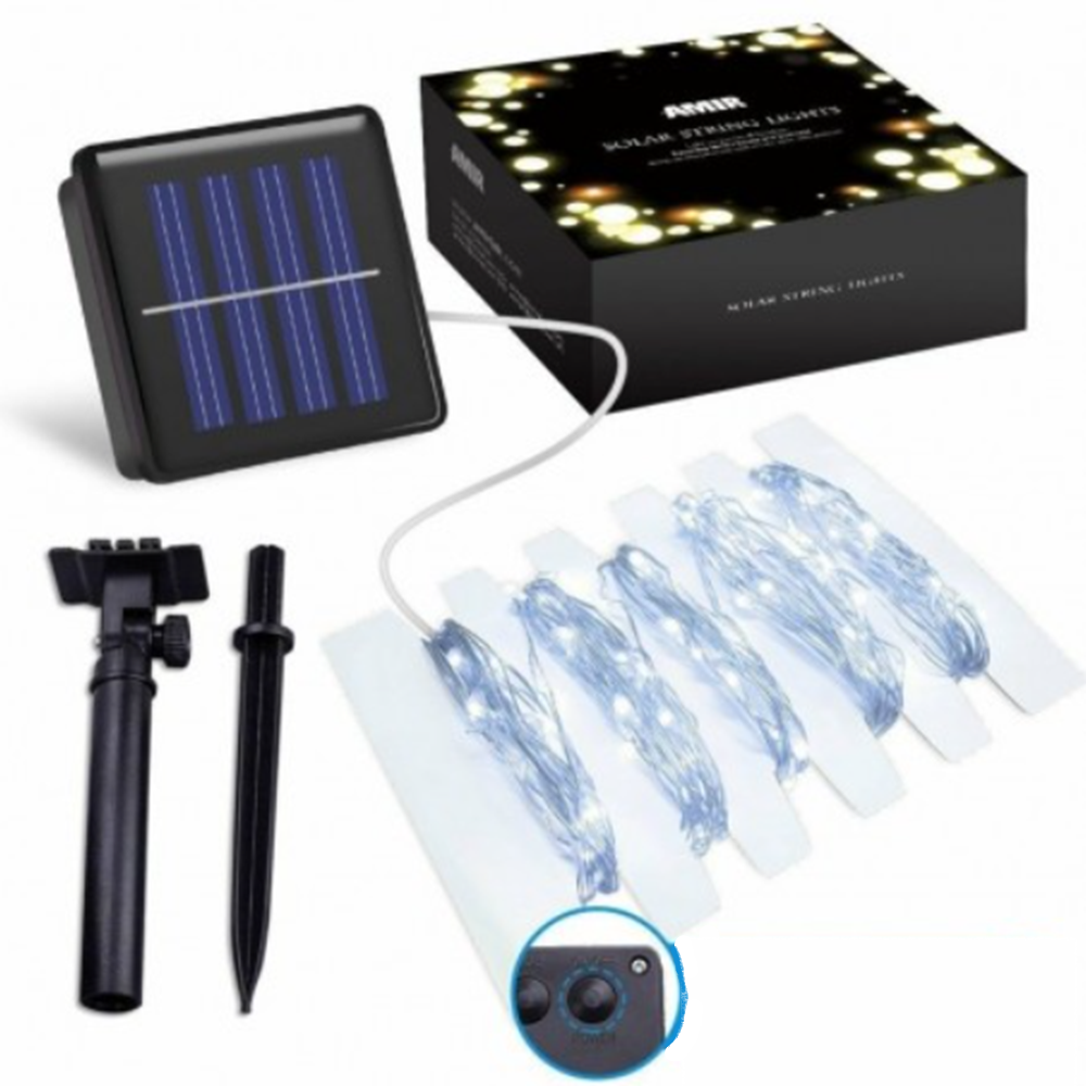 10 Méteres napelemes LED fényfüzér 100 hidegfehér leddel – kültéri dekorációs világítás kertbe, teraszra és erkélyre (BBV) 5