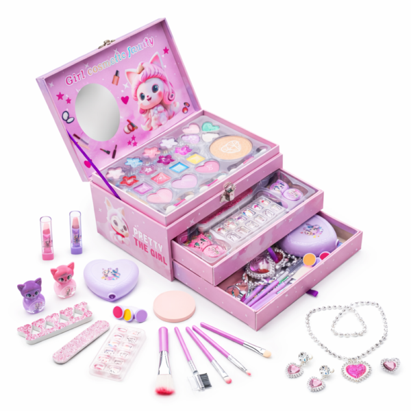 PrincessGlow Beauty Studio gyerek sminkkészlet – többfiókos kozmetikai sminkdoboz tükörrel kislányoknak (BBJ) 1