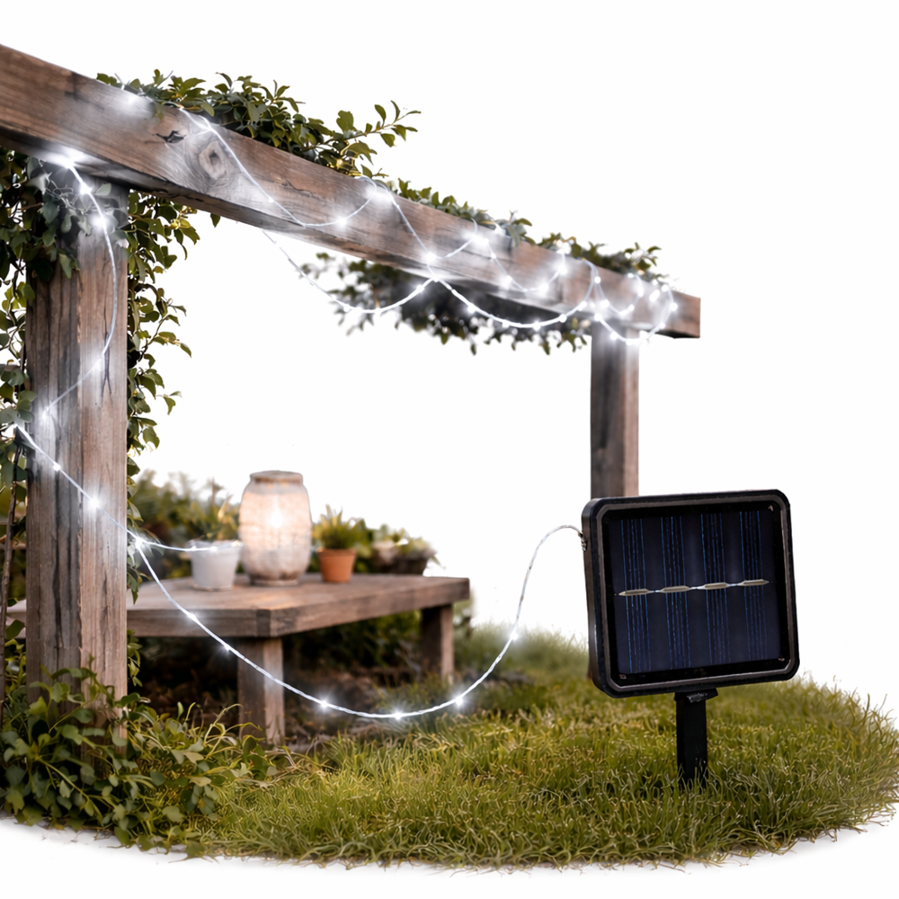 10 Méteres napelemes LED fényfüzér 100 hidegfehér leddel – kültéri dekorációs világítás kertbe, teraszra és erkélyre (FX) (BBV) 1 (2)